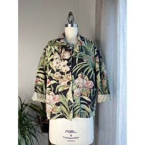 Garden Gear Women's S/M Jacket Tapestry Floral Black Green Botanical Button Up